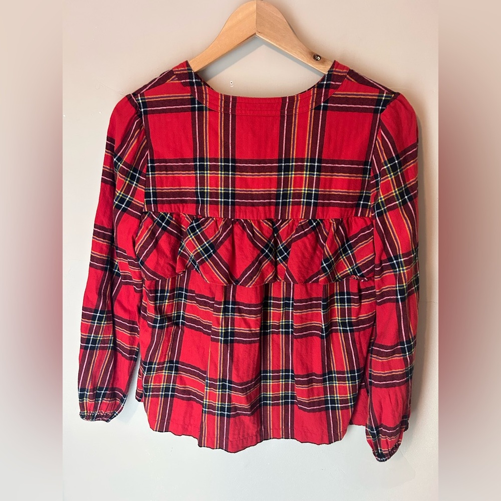 J. Crew Red Ruffle Blouse Tartan Popover Plaid Festive Flannel Sz S 100% Cotton - Picture 8 of 11